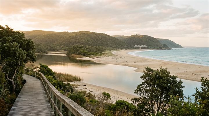 The lagoon, beach and rail bridge at Wilderness